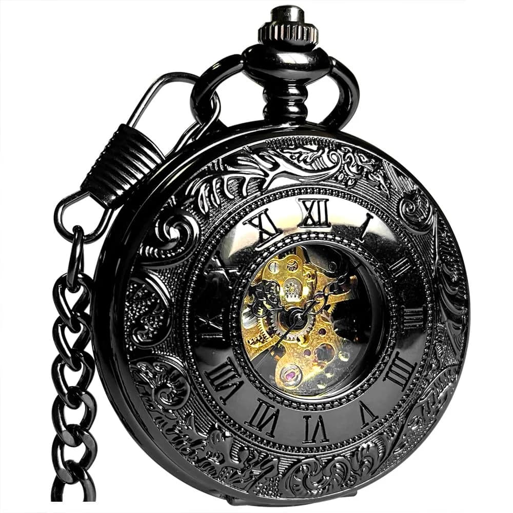 VIGOROSO Mechanical Pocket Watch for Men Gold with Chain | Vintage Skeleton Dial, 4.6cm Diameter, Hand Wind, Classic Style — Black