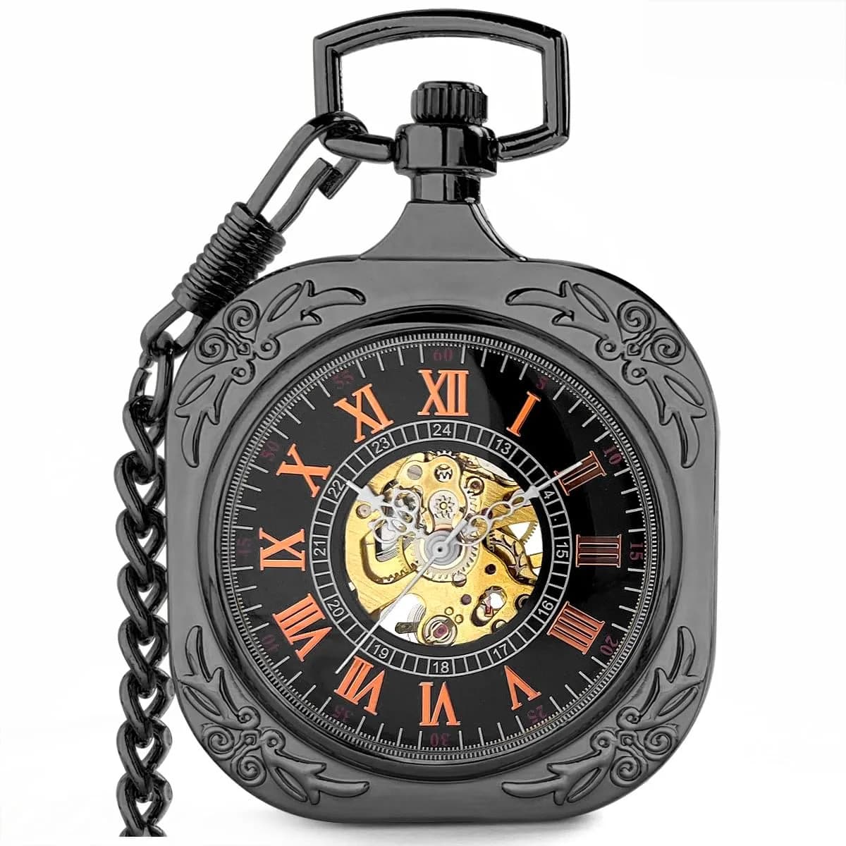 VIGOROSO Vintage Square Black Mechanical Pocket Watch with Chain | 4.3 cm Case | Roman Numeral Dial - main product image