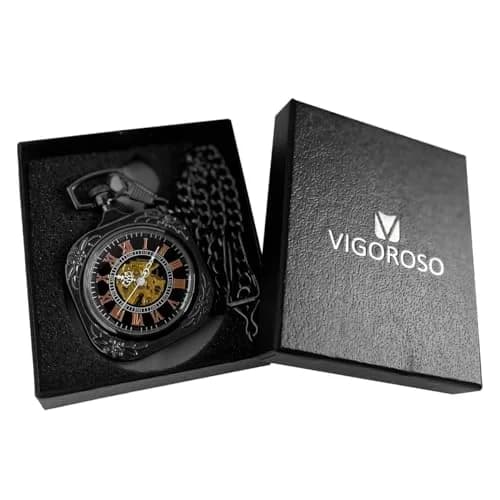 VIGOROSO Vintage Pocket Watch with Chain | Mechanical Skeleton Watch for Men & Women thumbnail 6
