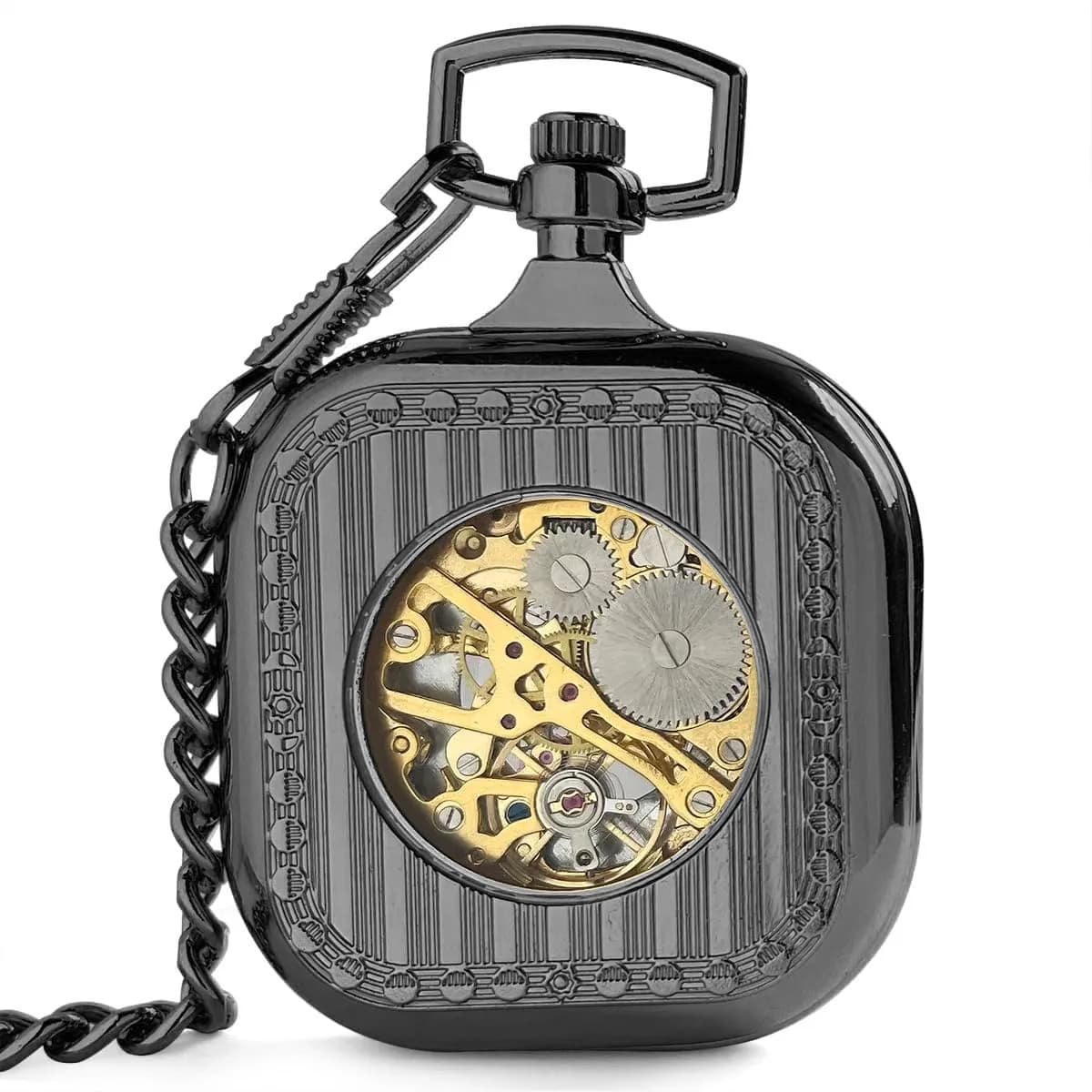 VIGOROSO Vintage Square Black Mechanical Pocket Watch with Chain | 4.3 cm Case | Roman Numeral Dial - view 2