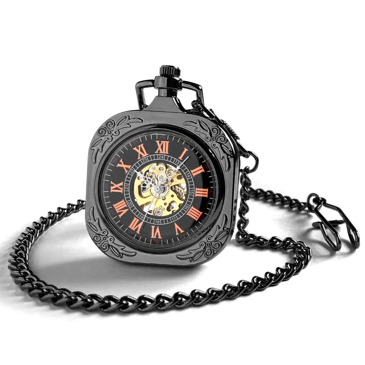 VIGOROSO Vintage Square Black Mechanical Pocket Watch with Chain | 4.3 cm Case | Roman Numeral Dial - view 3