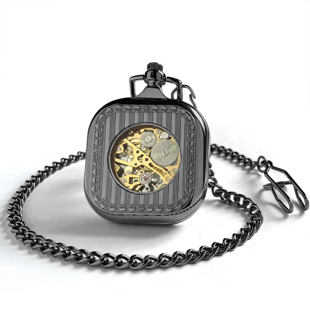 VIGOROSO Vintage Square Black Mechanical Pocket Watch with Chain | 4.3 cm Case | Roman Numeral Dial - view 4