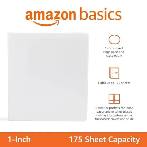 Amazon Basics 3-Ring Binder, 1-Inch, Customizable, White, 1-Pack | Holds 175 Sheets thumbnail 4