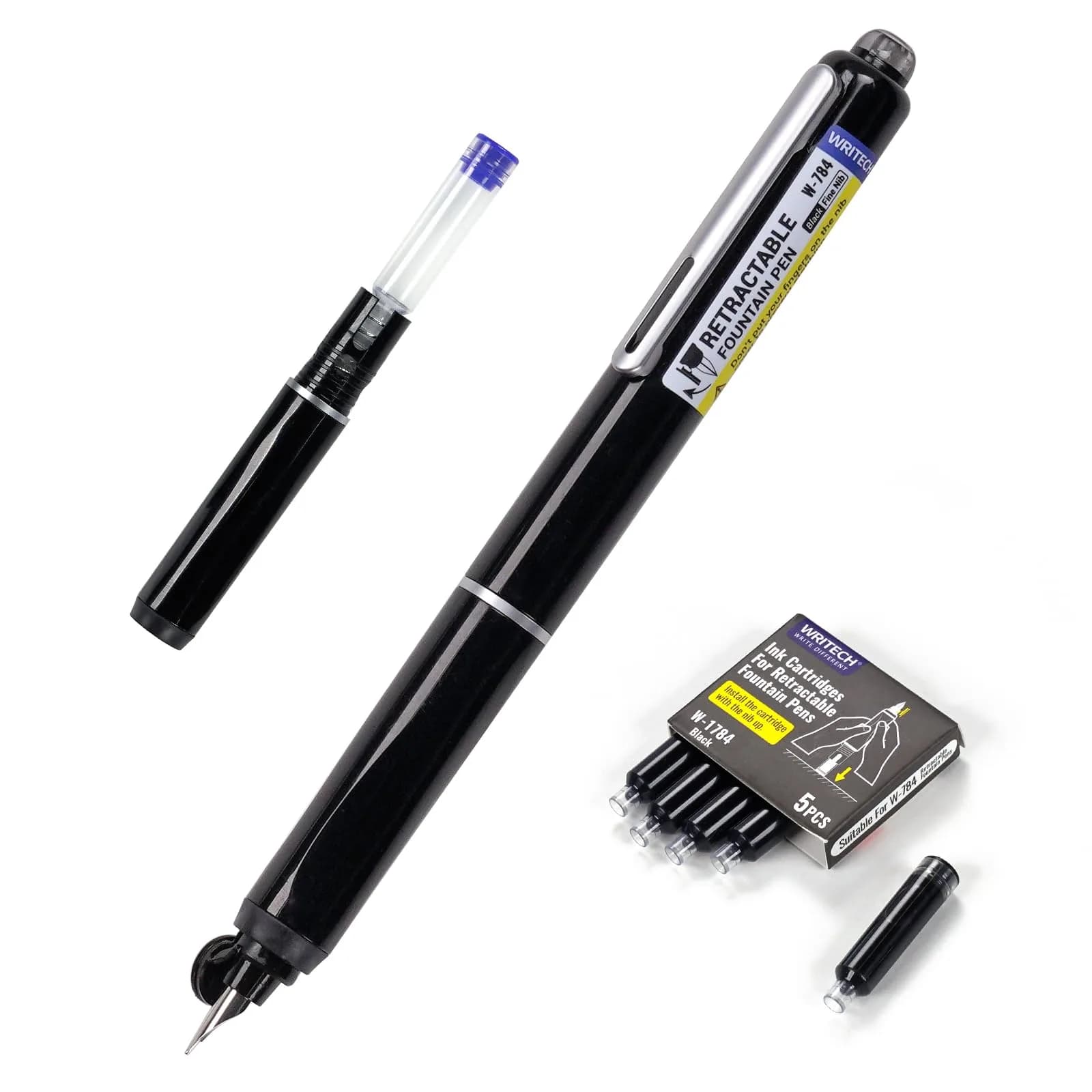 WRITECH Retractable Fountain Pen Set Fine Nib Black Ink | 0.3mm — Black Pen