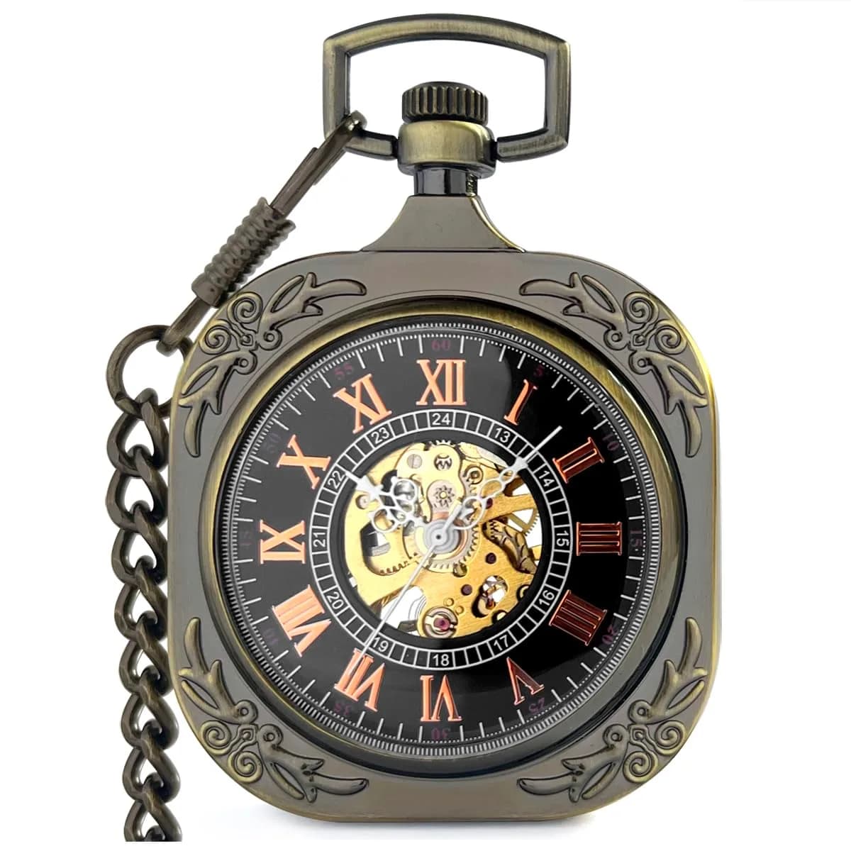 VIGOROSO Square Bronze Vintage Mechanical Pocket Watch with Chain | 4.3 cm (1.75 Inch) Case | Roman Numeral Dial - main product image