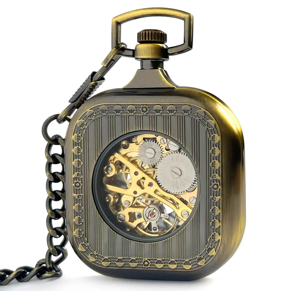 VIGOROSO Square Bronze Vintage Mechanical Pocket Watch with Chain | 4.3 cm (1.75 Inch) Case | Roman Numeral Dial - view 2