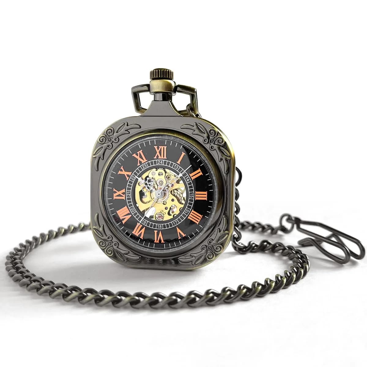 VIGOROSO Square Bronze Vintage Mechanical Pocket Watch with Chain | 4.3 cm (1.75 Inch) Case | Roman Numeral Dial - view 3