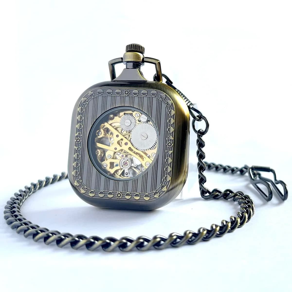 VIGOROSO Square Bronze Vintage Mechanical Pocket Watch with Chain | 4.3 cm (1.75 Inch) Case | Roman Numeral Dial - view 4
