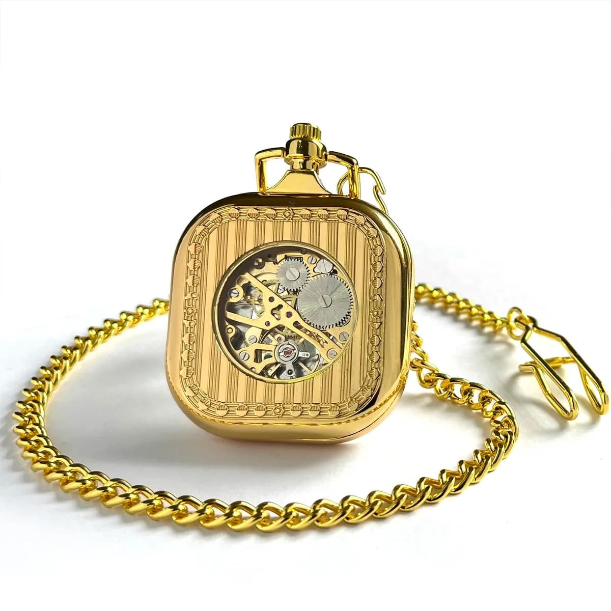 VIGOROSO Vintage Mechanical Pocket Watch with Chain, 4.45 cm (1.75 in) Case | Gold Skeleton Dial, Roman Numerals - view 5