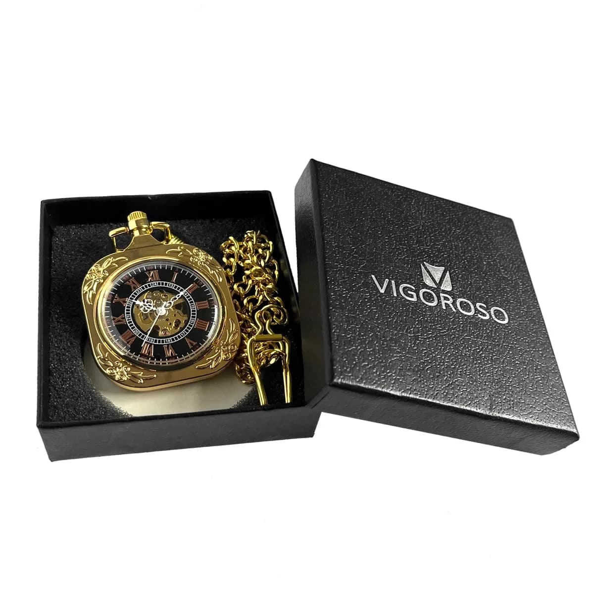 VIGOROSO Vintage Mechanical Pocket Watch with Chain, 4.45 cm (1.75 in) Case | Gold Skeleton Dial, Roman Numerals - view 6
