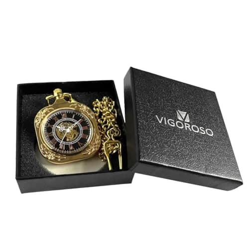 VIGOROSO Vintage Mechanical Pocket Watch with Chain, 4.45 cm (1.75 in) Case | Gold Skeleton Dial, Roman Numerals thumbnail 6