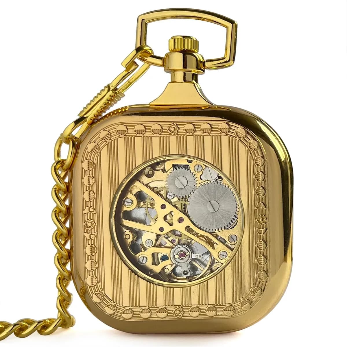 VIGOROSO Vintage Mechanical Pocket Watch with Chain, 4.45 cm (1.75 in) Case | Gold Skeleton Dial, Roman Numerals - view 2