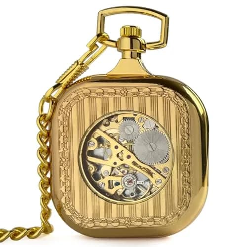 VIGOROSO Vintage Mechanical Pocket Watch with Chain, 4.45 cm (1.75 in) Case | Gold Skeleton Dial, Roman Numerals thumbnail 2