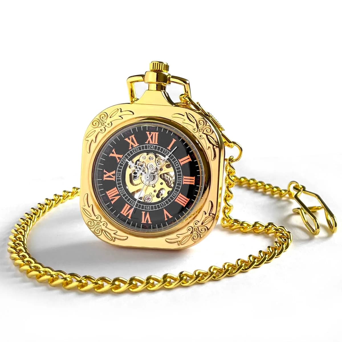 VIGOROSO Vintage Mechanical Pocket Watch with Chain, 4.45 cm (1.75 in) Case | Gold Skeleton Dial, Roman Numerals - view 3