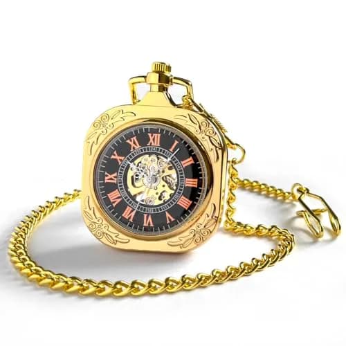 VIGOROSO Vintage Mechanical Pocket Watch with Chain, 4.45 cm (1.75 in) Case | Gold Skeleton Dial, Roman Numerals thumbnail 3