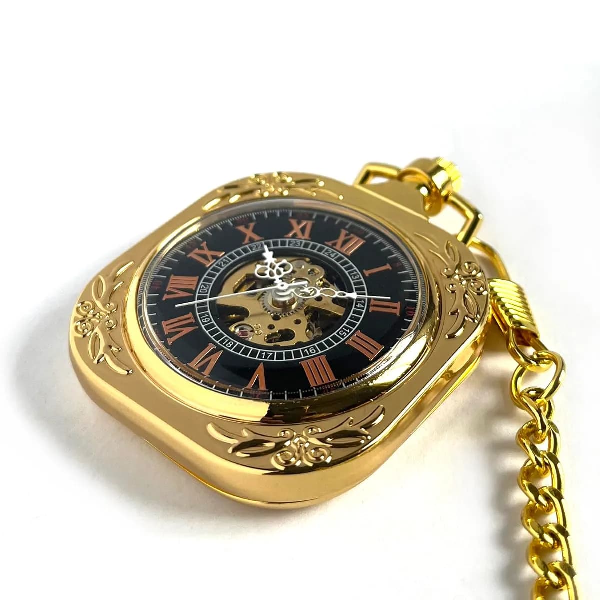 VIGOROSO Vintage Mechanical Pocket Watch with Chain, 4.45 cm (1.75 in) Case | Gold Skeleton Dial, Roman Numerals - view 4