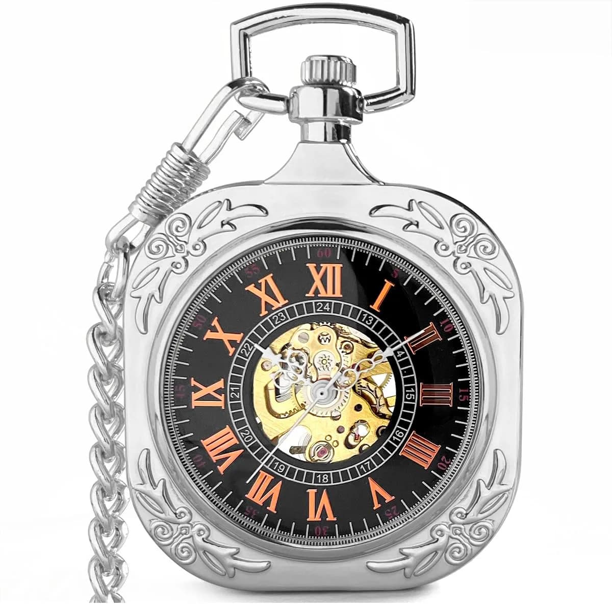 VIGOROSO Square Silver Vintage Mechanical Pocket Watch with Chain | 4.3 cm Case | Roman Numeral Dial - main product image