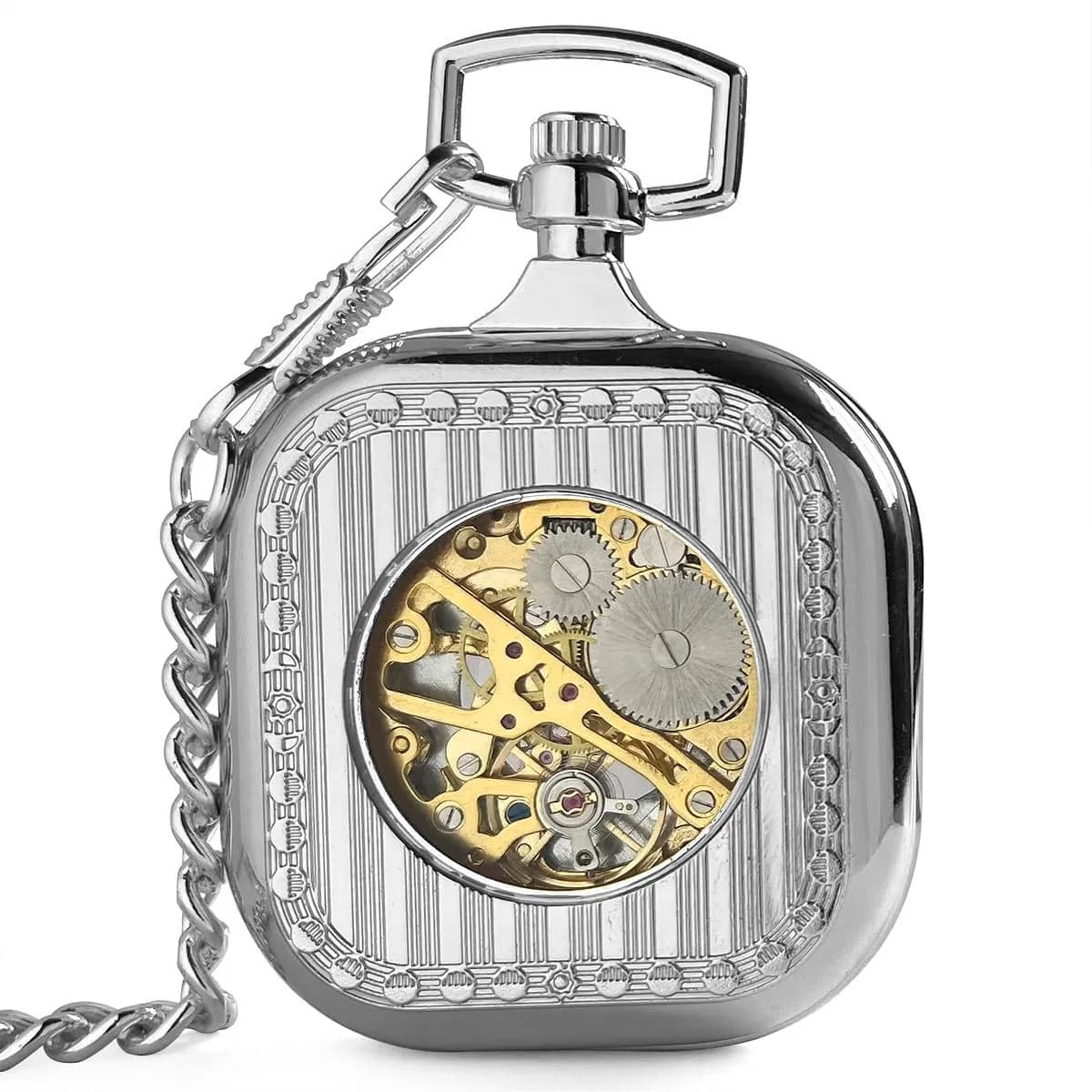 VIGOROSO Square Silver Vintage Mechanical Pocket Watch with Chain | 4.3 cm Case | Roman Numeral Dial - view 2