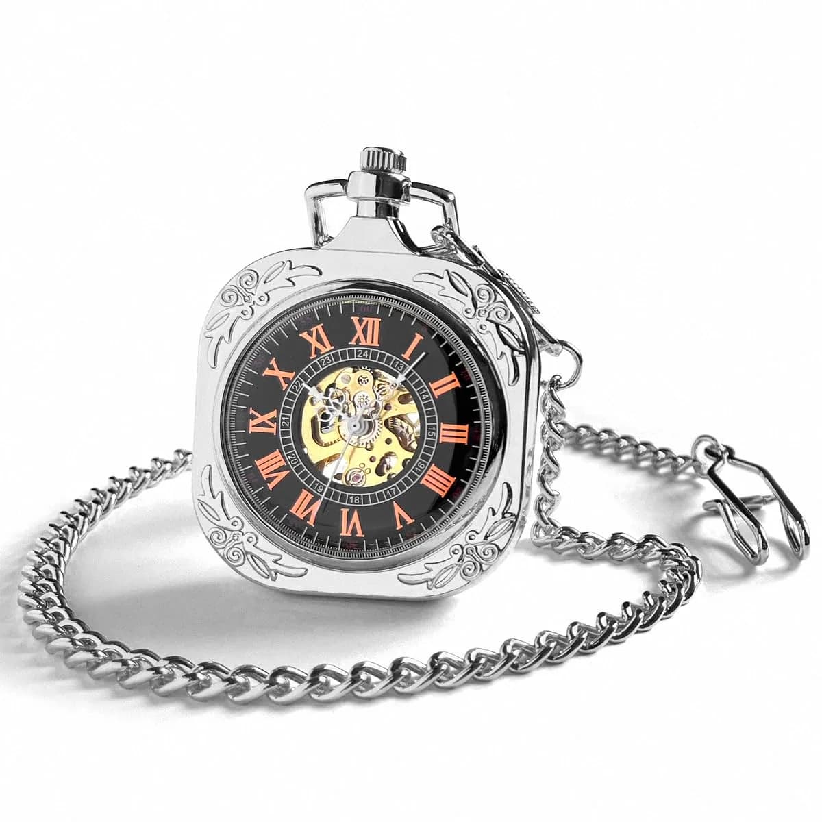VIGOROSO Square Silver Vintage Mechanical Pocket Watch with Chain | 4.3 cm Case | Roman Numeral Dial - view 3