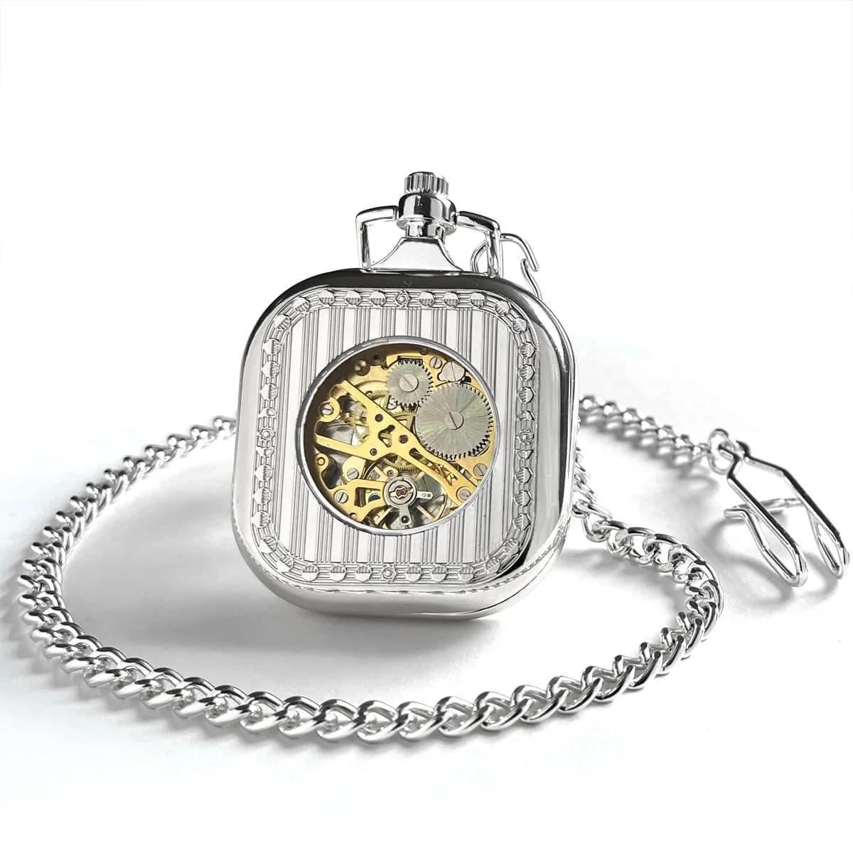 VIGOROSO Square Silver Vintage Mechanical Pocket Watch with Chain | 4.3 cm Case | Roman Numeral Dial - view 4