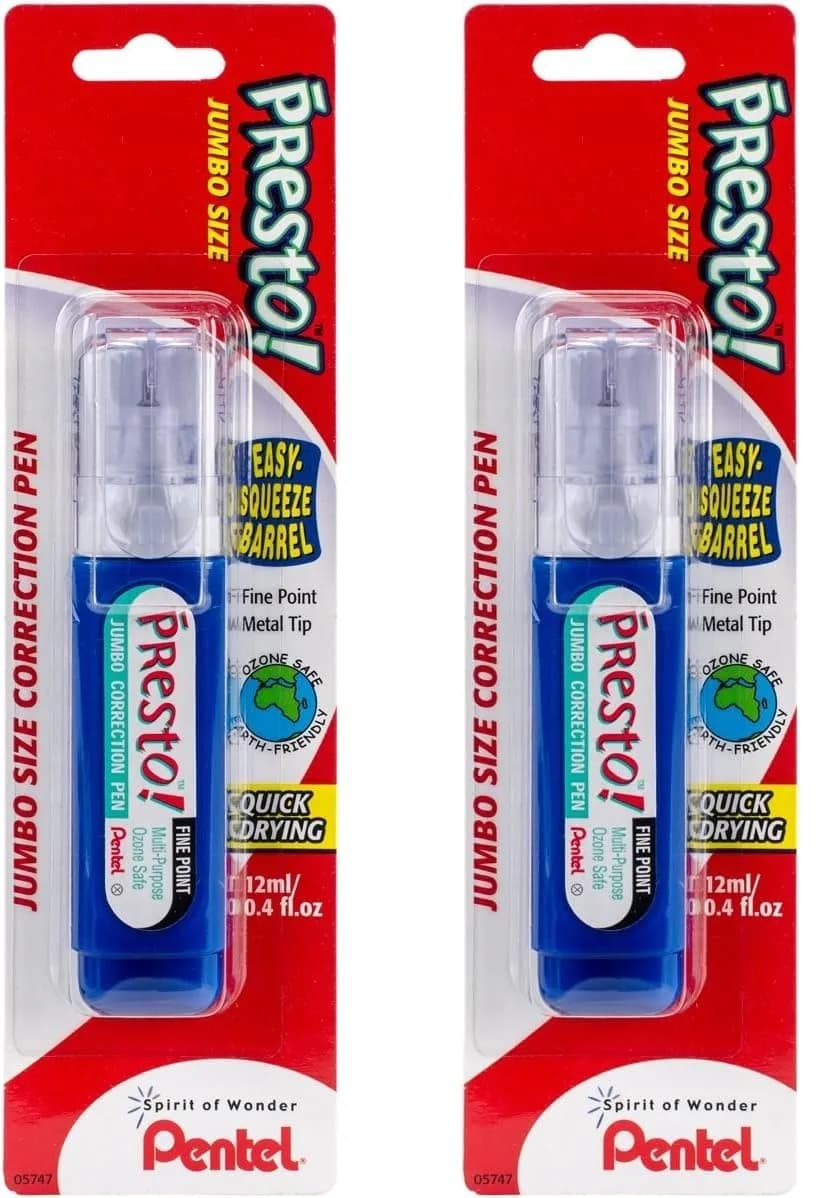 Pentel Presto! Jumbo Correction Pen 12ml (0.4 fl.oz.) 2-Pack | Fine Point Metal Tip for Smooth Ink Flow — White