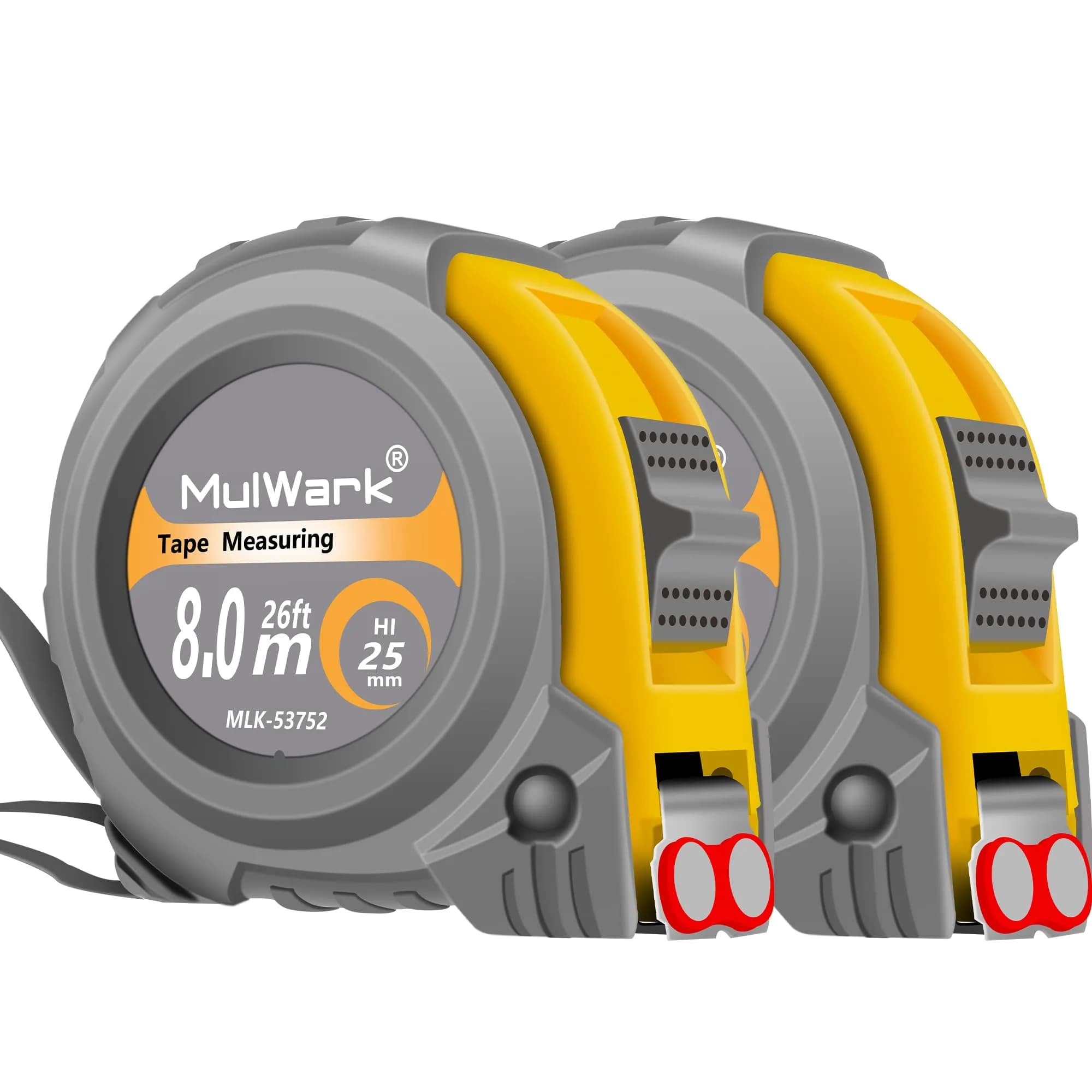 MULWARK Yellow-Grey 26ft Retractable Tape Measure with Magnetic Hook & Shockproof Case - main product image