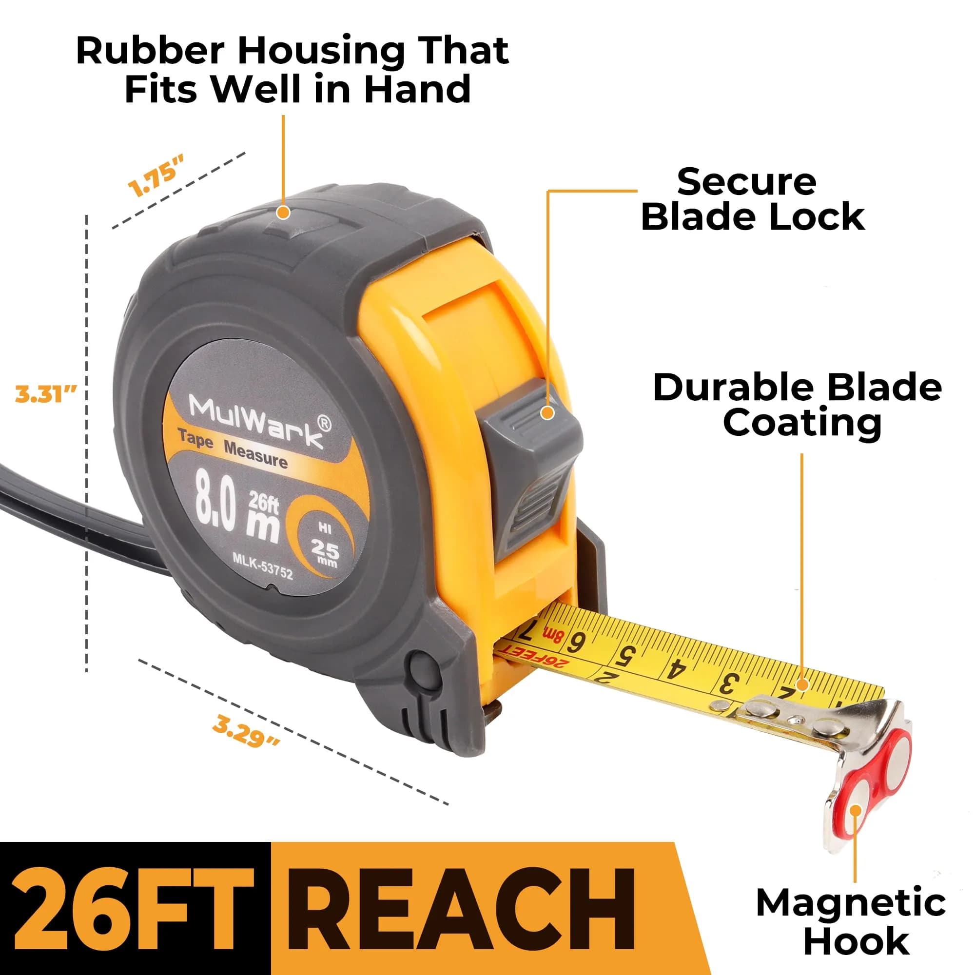 MulWark 2-Pack 8m (26 ft) Retractable Tape Measure | Dual-Sided Metal Blade, Magnetic Hook - view 6