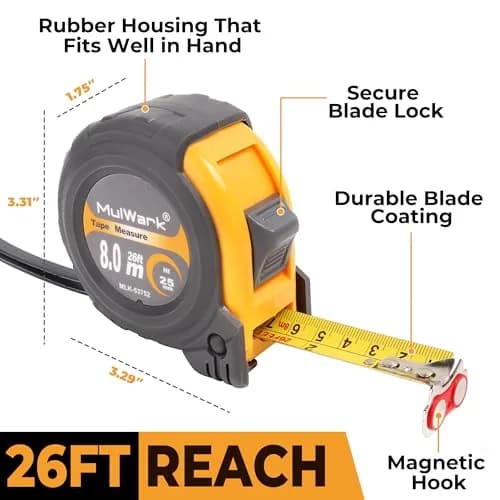 MulWark 2-Pack 8m (26 ft) Retractable Tape Measure | Dual-Sided Metal Blade, Magnetic Hook thumbnail 6