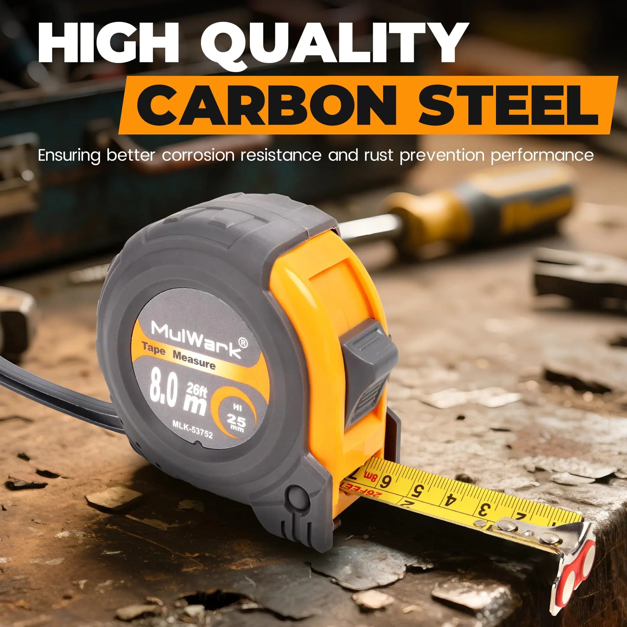 MULWARK Yellow-Grey 26ft Retractable Tape Measure with Magnetic Hook & Shockproof Case - view 4