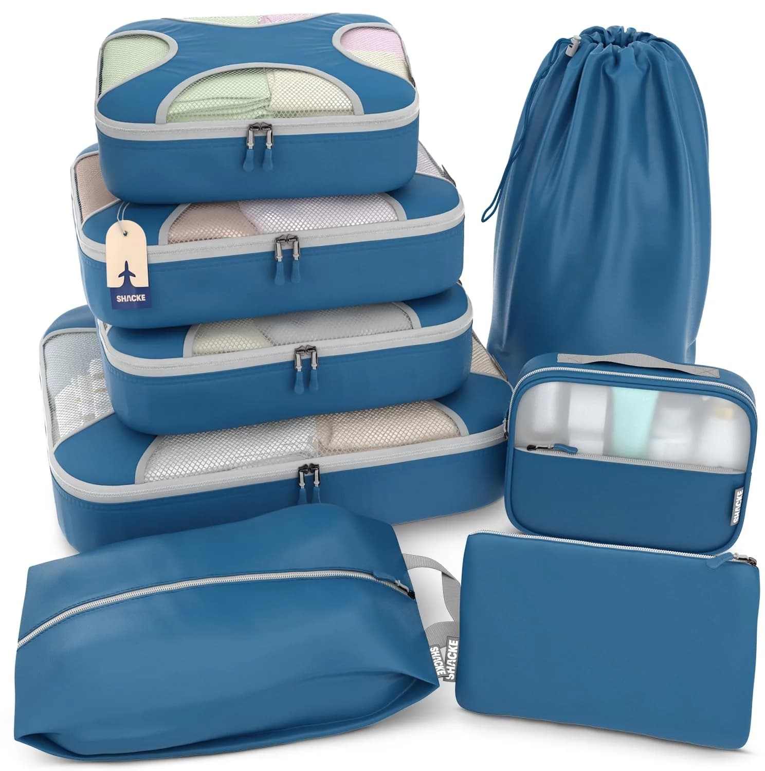 Shacke 8-Piece Navy Blue Packing Cubes with Laundry Bag for Luggage Organization - main product image