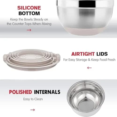 Rottay Stainless Steel Mixing Bowls Set 6pcs with Airtight Lids | Space-Saving, Durable & Dishwasher Safe thumbnail 2