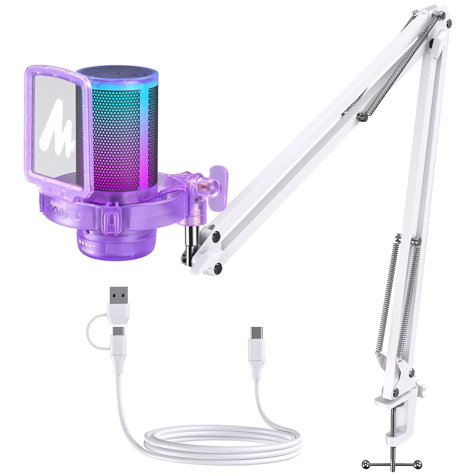 MAONO DGM20S USB Microphone for PC with Clear Voice & Noise Reduction | RGB Lighting & Noise Cancellation — Purple