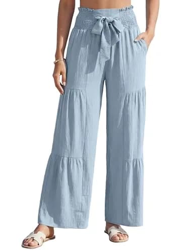 Blooming Jelly Women's High Waisted Wide Leg Palazzo Pants with Bow Tie Waistband | Haze Blue Large thumbnail 2
