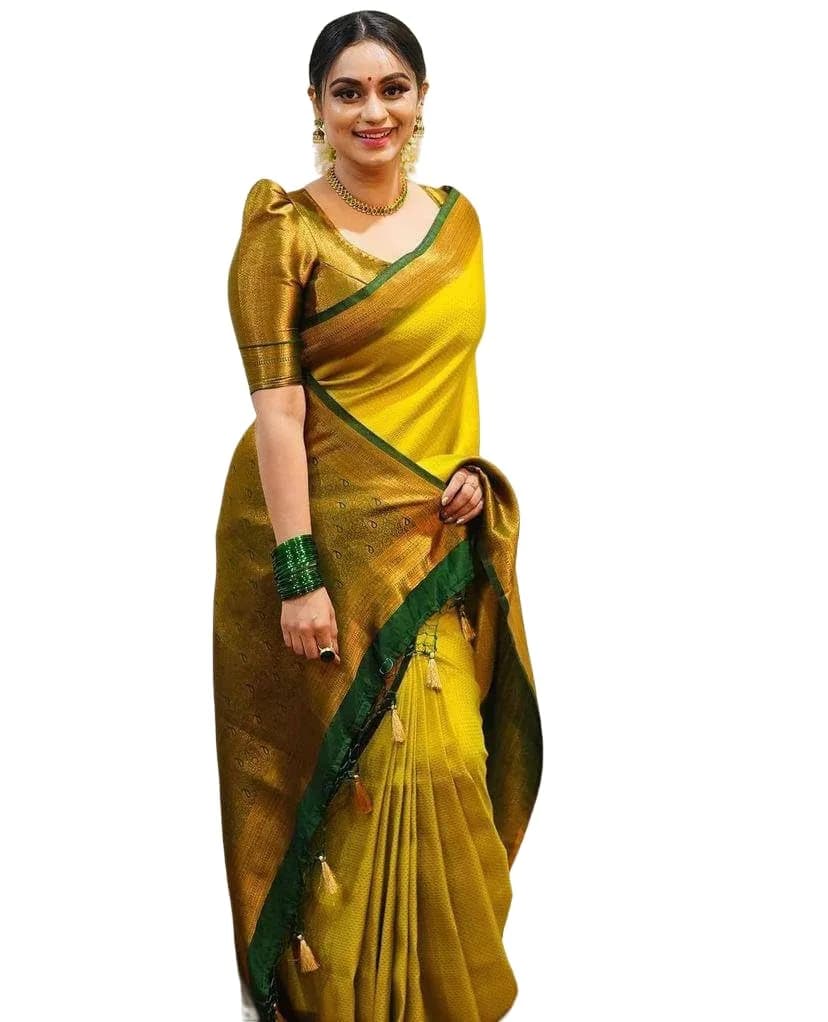 Yashika Yellow Banarasi Kanjivaram Art Silk Saree with Unstitched Blouse Piece | 5.25m Length — Yellow