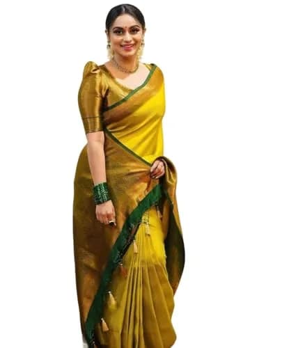 Yashika Yellow Banarasi Kanjivaram Art Silk Saree with Unstitched Blouse Piece | 5.25m Length thumbnail 1