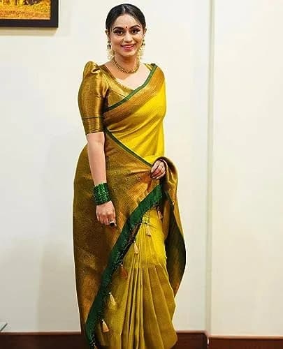Yashika Yellow Banarasi Kanjivaram Art Silk Saree with Unstitched Blouse Piece | 5.25m Length thumbnail 3