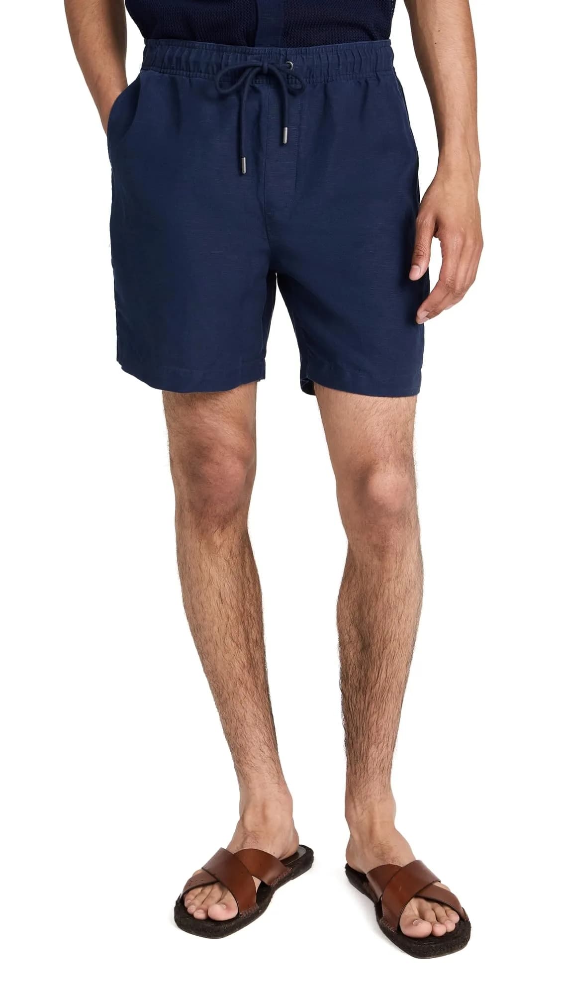 Onia-Air Linen Pull-On Short 6" in Stone | Mid Rise, Stretch Waist, Solid — Deep Navy / Large