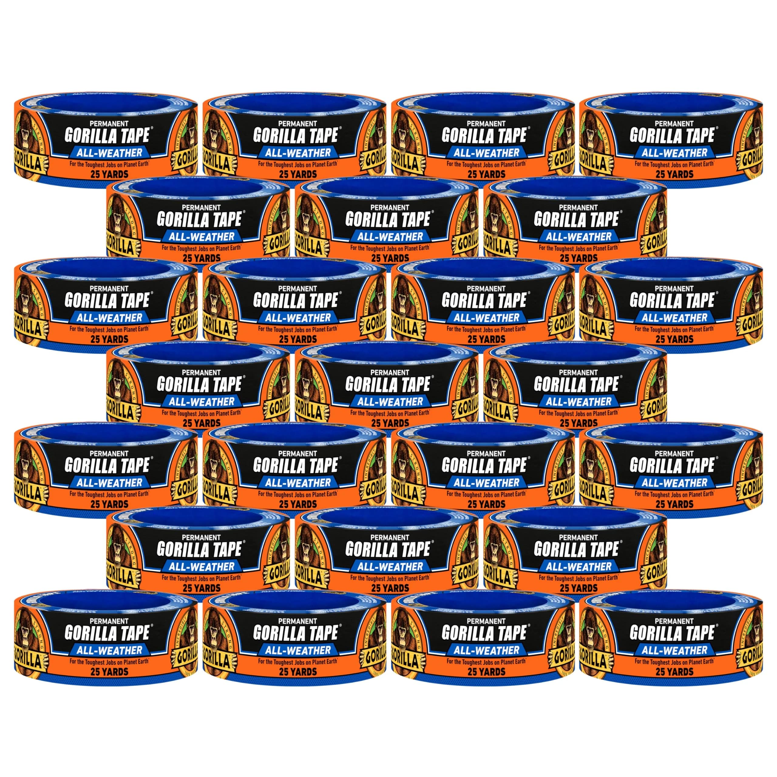 Gorilla All Weather Duct Tape, Black, 1.88" x 25 yd (25 Rolls) | UV & Temperature Resistant Waterproof Tape
