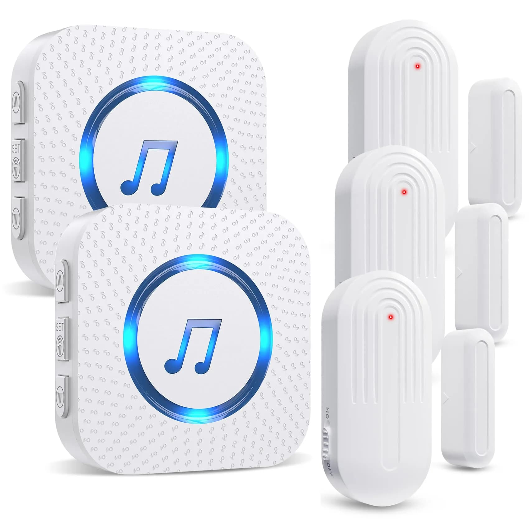 SanJie Door Chime Alarm When Open for Kids Safety, Home and Business | Wireless Entry Alert with 26 Ringtones — 3 Sensors + 2 Receiver White