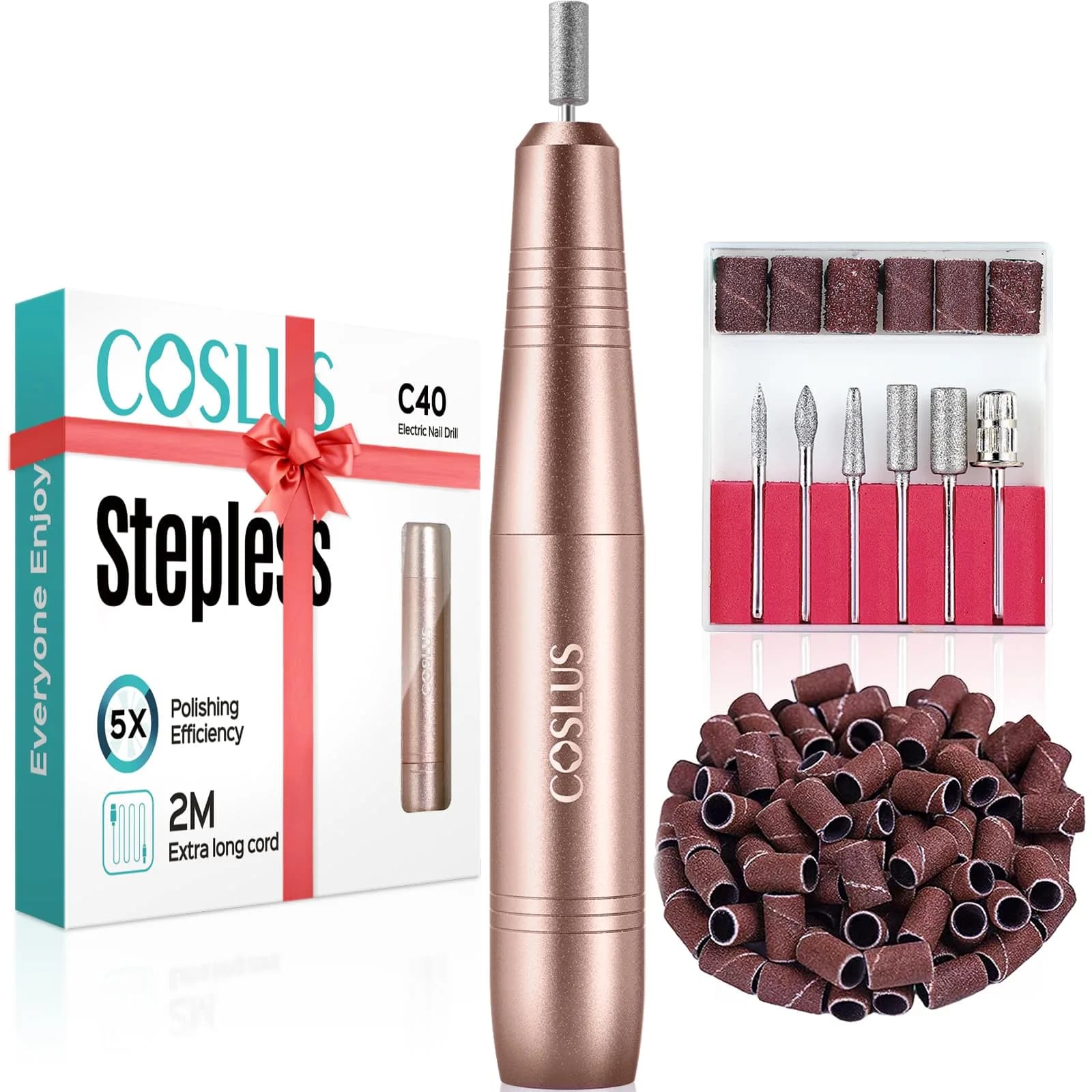 COSLUS C40 Electric Nail Drill File Kit with 6 Bits & 31 Sanding Bands | Professional Acrylic Gel Manicure Pedicure Tool - main product image