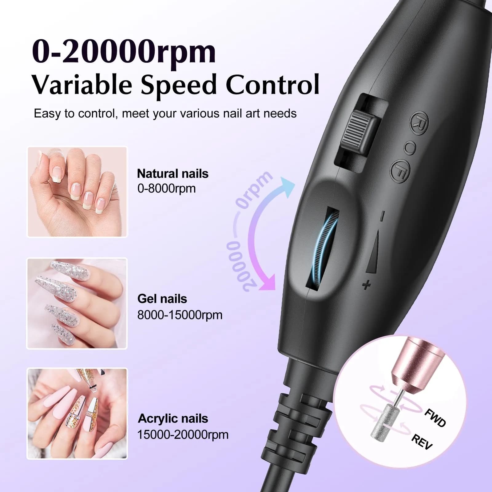 COSLUS C40 Electric Nail Drill File Kit with 6 Bits & 31 Sanding Bands | Professional Acrylic Gel Manicure Pedicure Tool - view 8