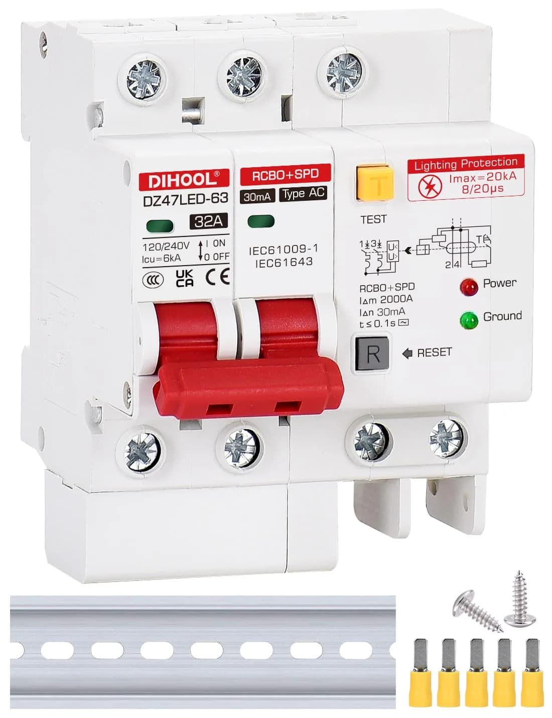 DIHOOL 120V 240V Circuit Breaker 32A | Residual Current & Surge Protection (120-240V AC, DIN Rail Mount, 2 Poles) — White