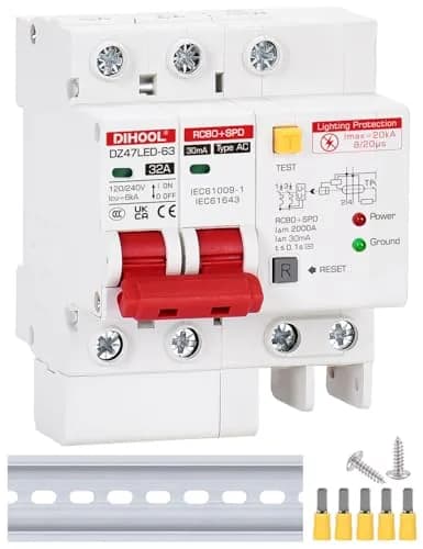 DIHOOL 120V 240V Circuit Breaker 32A | Residual Current & Surge Protection (120-240V AC, DIN Rail Mount, 2 Poles) thumbnail 1