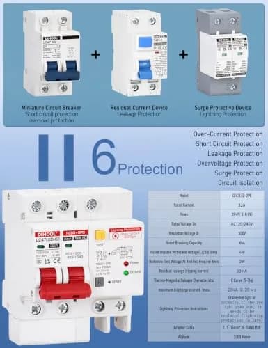 DIHOOL 120V 240V Circuit Breaker 32A | Residual Current & Surge Protection (120-240V AC, DIN Rail Mount, 2 Poles) thumbnail 8
