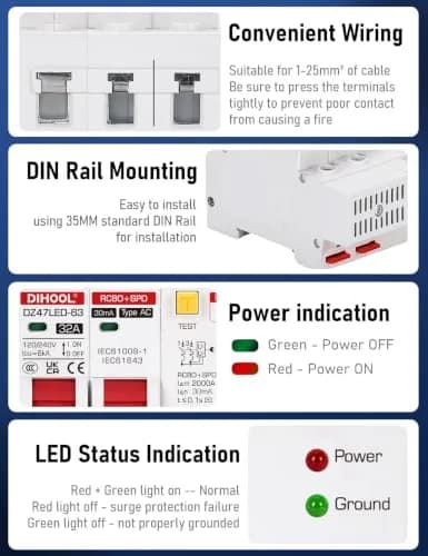 DIHOOL 120V 240V Circuit Breaker 32A | Residual Current & Surge Protection (120-240V AC, DIN Rail Mount, 2 Poles) thumbnail 2