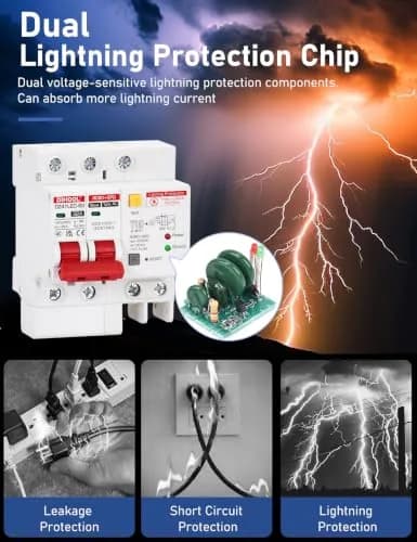 DIHOOL 120V 240V Circuit Breaker 32A | Residual Current & Surge Protection (120-240V AC, DIN Rail Mount, 2 Poles) thumbnail 3