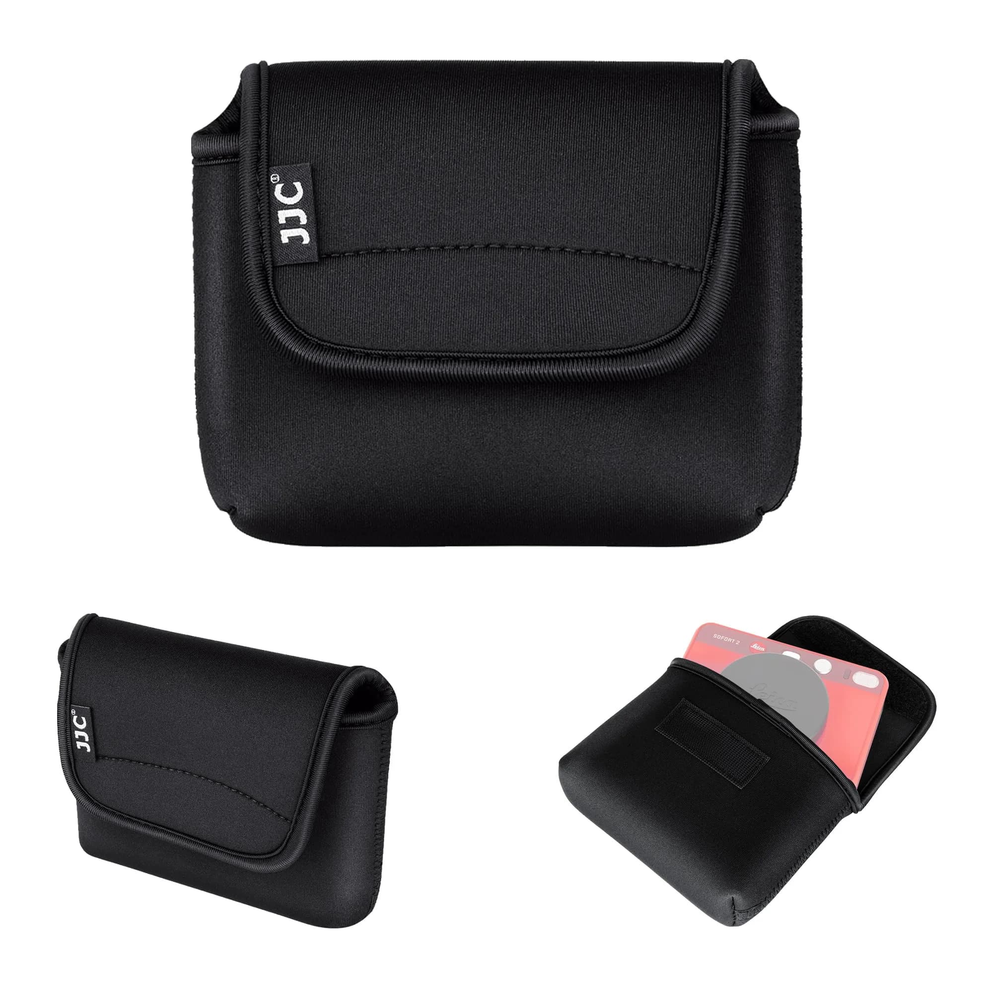JJC Compact Camera Pouch Case for Leica Sofort 2, Fuji X Half, Kodak Ektar H35N, Pixpro WPZ2 | Black Neoprene with Touch-Fastening Flap — Black
