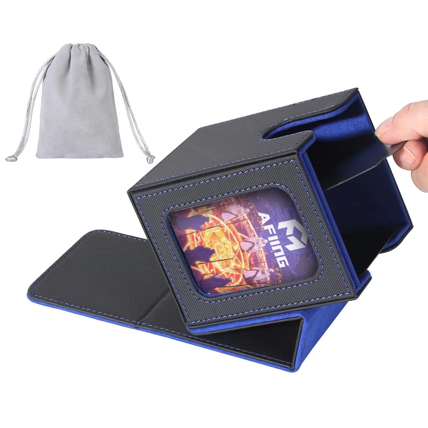 AFIING Commander Deck Box for 100 Double Sleeved Cards | Fits MTG EDH TCG with Side Window & Dividers — Commander Black Blue