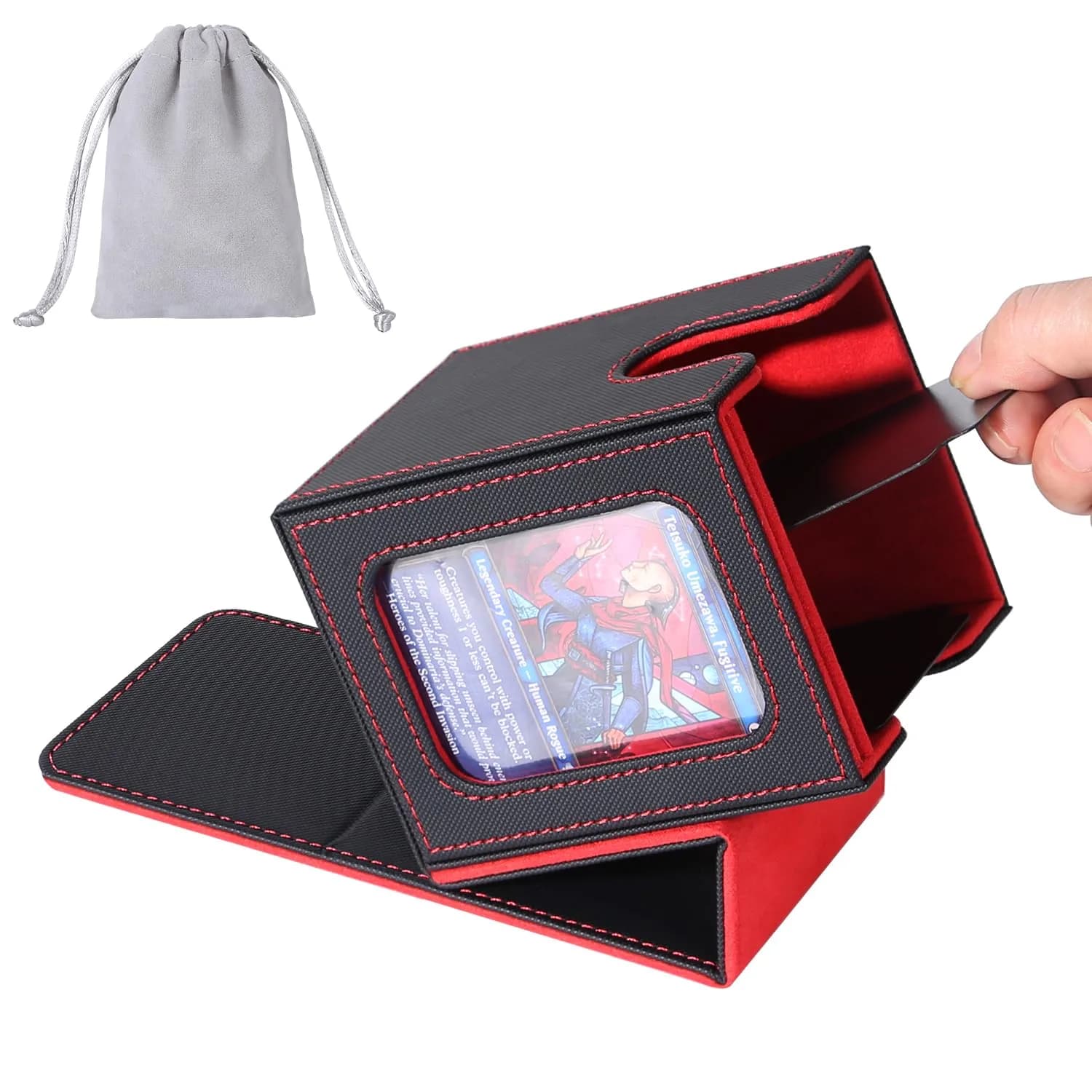AFIING MTG Commander Deck Box for 100 Double Sleeved Cards, Black/Red | Side Window Display & Drawstring Bag — Commander Black Red