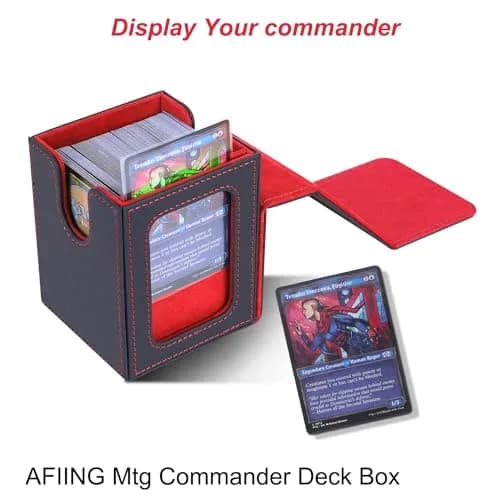 AFIING MTG Commander Deck Box for 100 Double Sleeved Cards, Black/Red | Side Window Display & Drawstring Bag thumbnail 2
